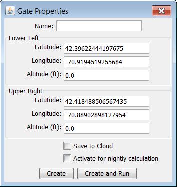 6. In the Name field, enter a name for the gate. Figure 87: Gate Properties 7. In the Altitude field, enter the gate's altitude in feet. 8. To save the gate to the database, select the Save to Cloud checkbox.