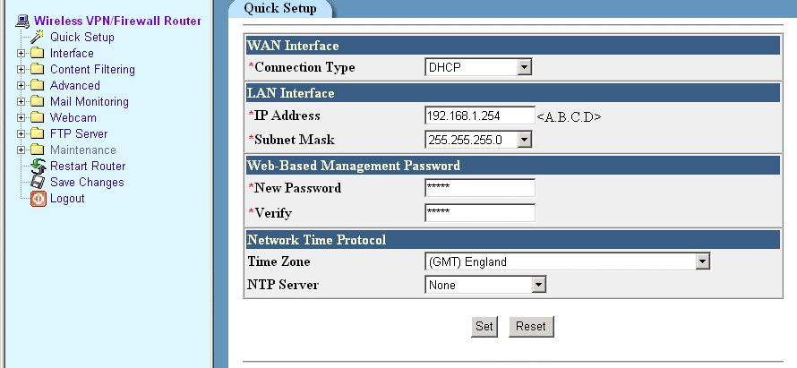 DHCP If your ISP provides DHCP service for Internet connection then all you need to do is to select DHCP and click on Set.