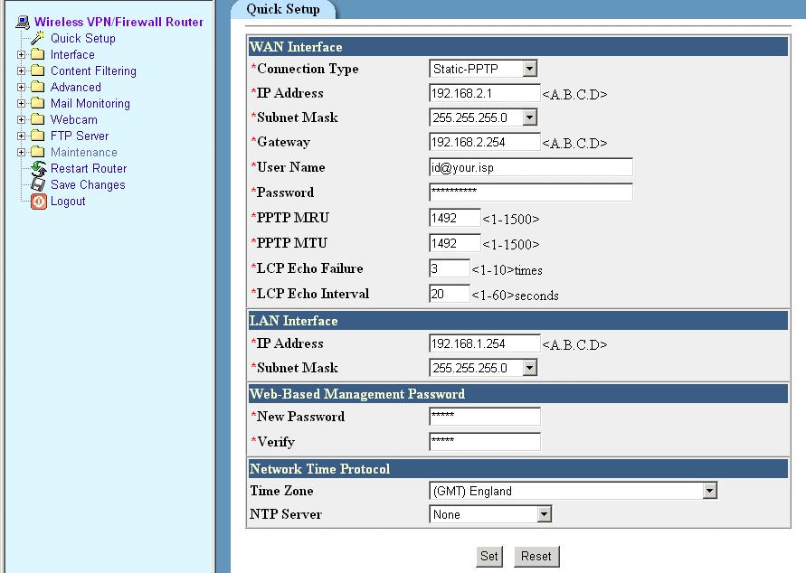 PPTP-Static If your ISP provides PPTP-Static service for Internet connection, please take the following Setup steps: 1. Select PPTP from Connection type box 2.