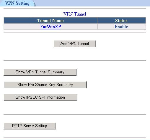 After the VPN tunnel has been established, you should see the name of VPN tunnel and status from the first page as following: Show