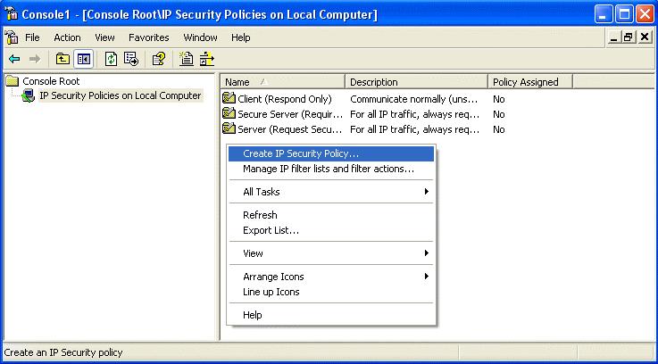 16. Click on IP Security Policies on Local Computer on the left screen 17.