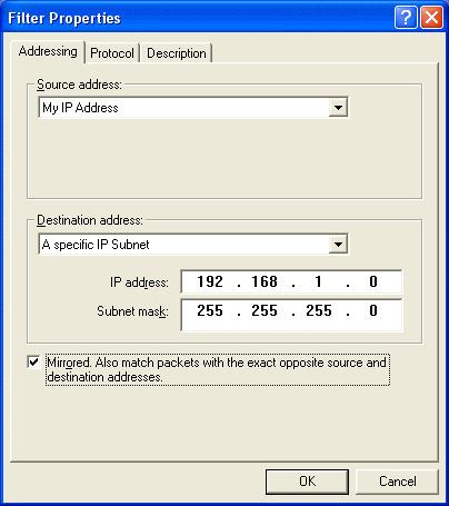 28. Enter the name of the IP Filter List. (In this case, the name is WinXP to VPNrouter) 29. From Source address pull-down window, select My IP Address 30.