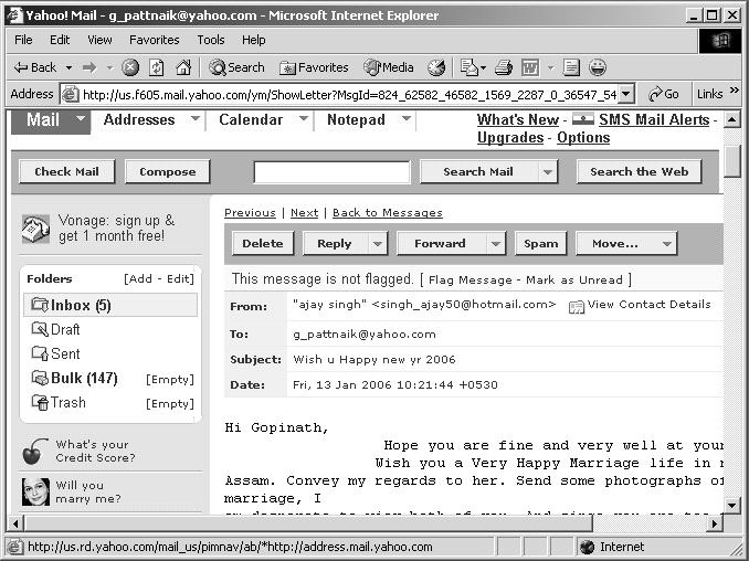 Reading, Replying/ Forwarding a message Click on Check Mail or Inbox to Read/Reply a message, it follows the screen Inbox that holds the email messages Read message Fig. 10.