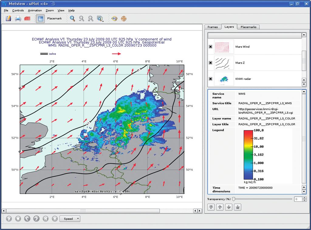 A further example shows radar data from KNMI's WMS server overlaid with