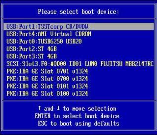 4. In the Boot Device menu, select either the external or virtual CD/DVD device as the first (temporary) boot device, then press Enter.