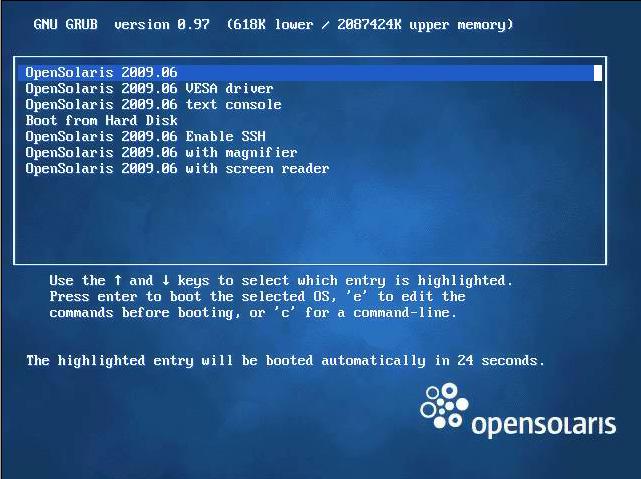 5. In the GRUB menu, select OpenSolaris 2009.06, then press Enter.