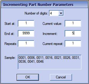 To change a normal text field to an incrementing part number field, click the checkbox at the top of the dialog. Click on the Parameters.