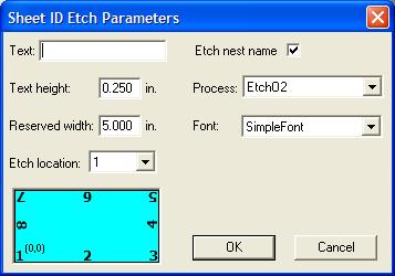 The Text field is used to enter text to be etched. This field can be blank if the Etch nest name field is checked. Both fields can also be used at the same time.