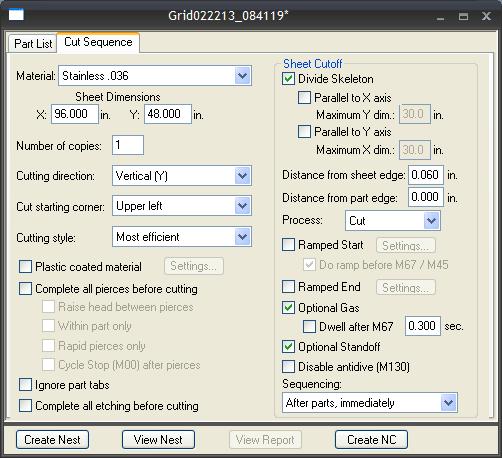 Cut Sequence This dialog is used to change parameters that the nesting software uses when it determines the cutting sequence of a nest.