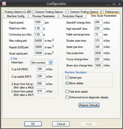 Time Study Parameters Time Study Parameters These values are used to configure the part processing time calculations.