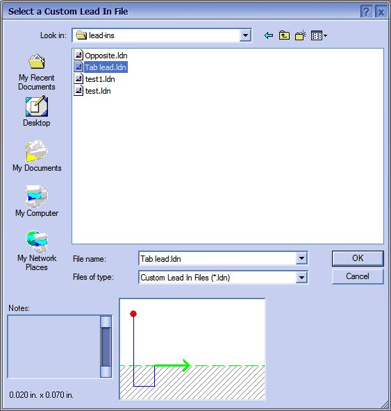 Selecting a lead in file will display a preview of the lead in and also display the extents and any notes that have been entered for the lead in.