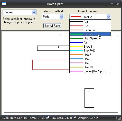 Process Type This dialog is used to assign different process types to paths. In the picture above, the path shown in red is using the "Etch" process and the black features are using the "Cut" process.