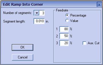 This dialog is used to change the parameters for the ramp into a corner. A similar dialog titled "Edit Ramp Out of Corner" is used to change the parameters for the ramp out of a corner.