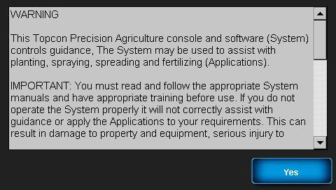 3. After chosen the agricultural software, a warning screen will appear displaying the products disclaimer. 4. Read the entire disclaimer before proceeding 5.
