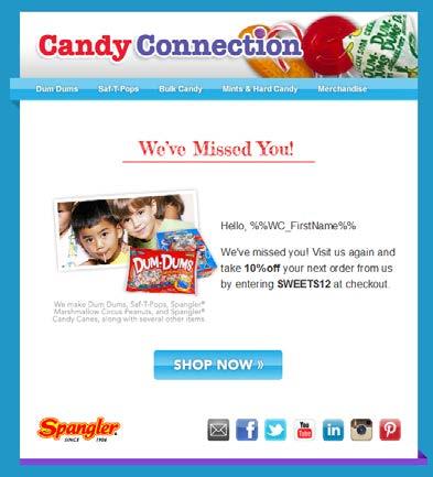 win back 03. AUTOMATING THE WIN BACK Leveraging Spangler Candy s new email design, Windsor Circle built a series of 3 automated Win Back emails within their email marketing account.