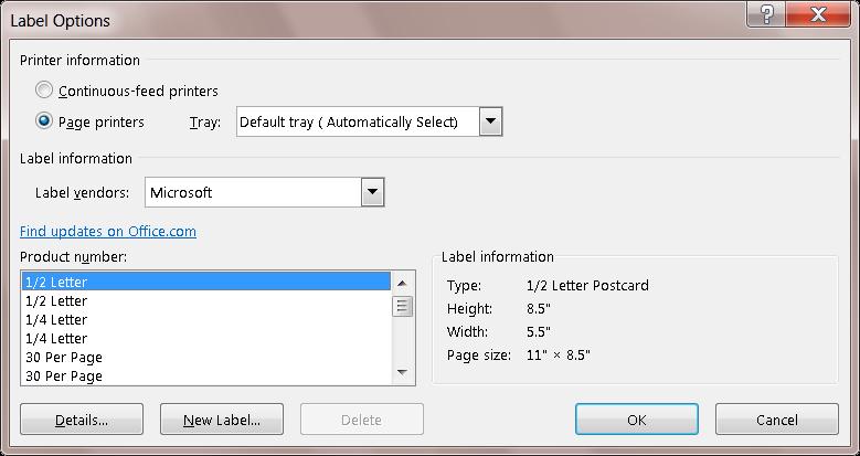 If this option is chosen, when you click Next, the Label Options dialog box will appear. See the illustration below for the options that may be changed in this dialog box.