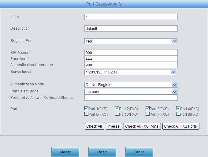 Click Modify at the end of the list in Port Group Settings Interface to modify the properties of a port group. See Figure 3-61 for the port group modification interface.