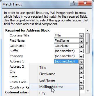 Merge with Other Data Sources continued To match fields: 1. Click the Mailings tab. 2. Click the Match Fields in the Write & Insert group. 3.