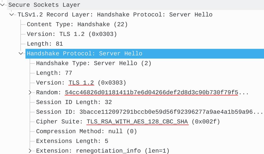 TLS handshake with RSA key exchange method Client Hello advertises supported parameters, Server Hello decides.
