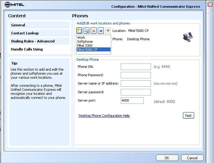 Configuring a Phone Profile on a Mitel 5000 CP After registering Mitel Unified Communicator Express, a Configure Phone dialog box appears. From the drop down menu, select Desktop Phone.