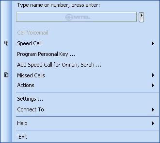 Mitel Unified Communicator Express Tray Icon Main Tray Menu When Mitel Unified Communicator Express is connected to a Mitel phone set, right click the Tray Icon to bring up the Main Tray Menu.