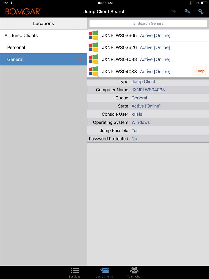 Use Jump Clients to Access Unattended Computers from the ios Rep Console Note: If you need to access Jump Items when no user is available, make sure the session permissions are set either to disable