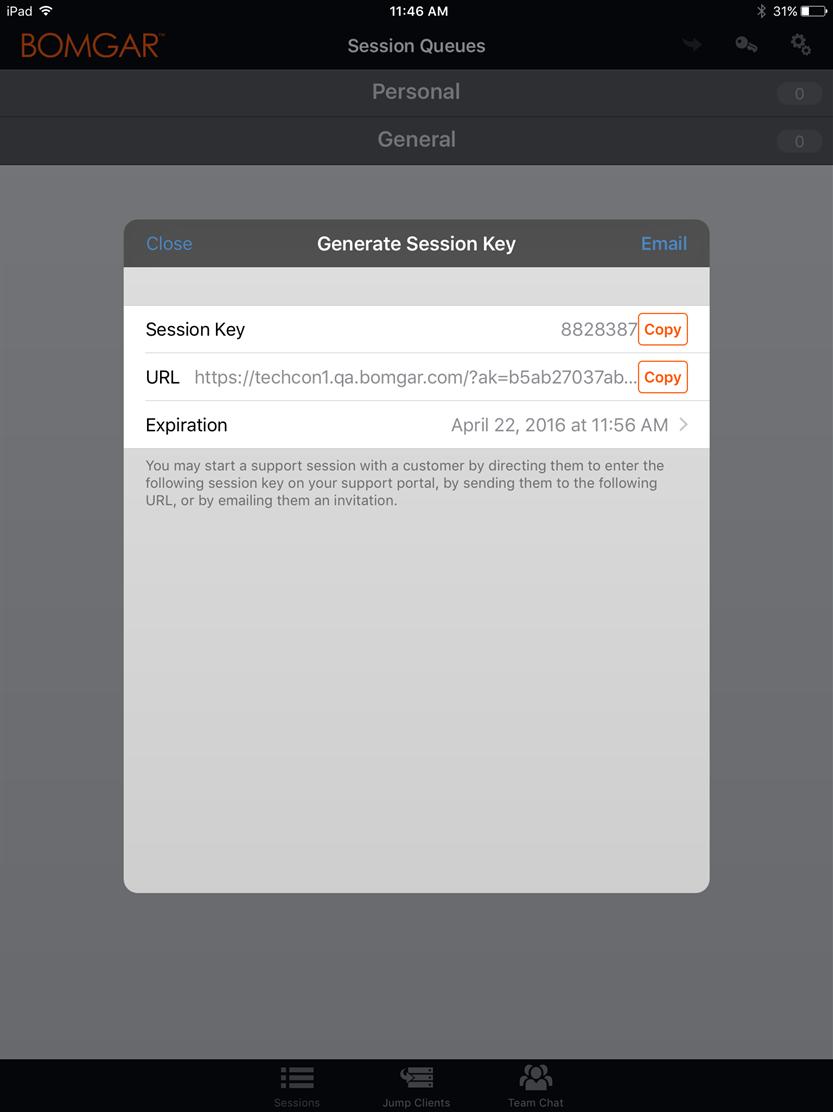 Generate a Session Key to Start a Support Session in the ios Rep Console One method to start a support session is for your customer to submit a one-time, randomly generated session key on your public
