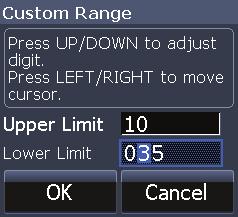 DSI Custom Range Upper and Lower Limits Used to select the upper limit and lower limit of a section of the water column.