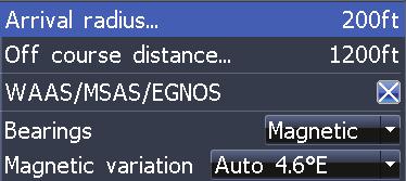 Settings Navigation Controls Arrival Radius and Off Course distance settings and is used to turn on/off WAAS/MSAS/ EGNOS. Arrival Radius Sets the arrival radius threshold for the Arrival alarm.