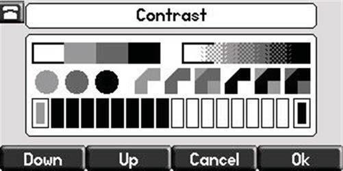 3. Press the Up or Down soft keys to increase or decrease the display contrast. Note You can also use the volume keys to increase or decrease the display contrast. 4.