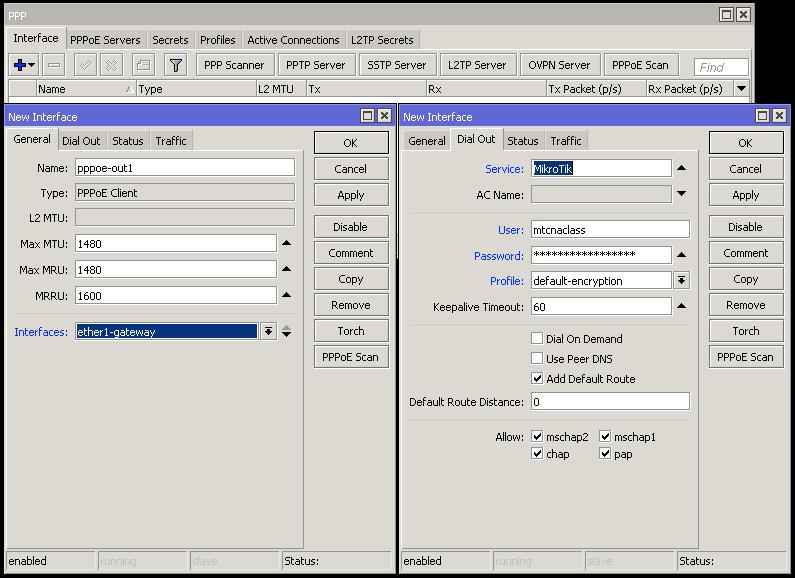 PPPoE Client Set interface, service,