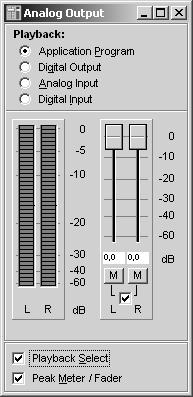 7.2 Analog Output for the analog output. This dialog gives you the possibility to control analog outputs. This window provides high-definition peak meters to control the outgoing audio signal.