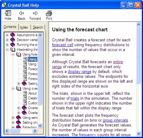 21 What s New in Oracle Crystal Ball? Online Help documentation Online help is enabled via the F1 key, Help buttons, and Help menus in charts.