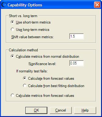 Define Forecast Now includes the ability to define specification limits (LSL, USL and Target) in the Define Forecast Dialog Capability Options These options
