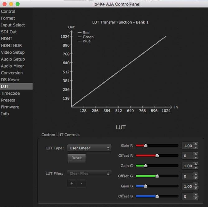 LUT Screen The LUT screen controls allow you to create a custom color look up table (LUT) on the output, for matching a production "look" on a specific display.