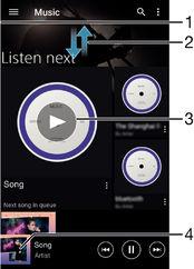 Music homescreen 1 Drag the left edge of the screen to the right to open the Music homescreen menu 2 Scroll up or down to view content 3 Play a song using the Music application 4 Return to the music