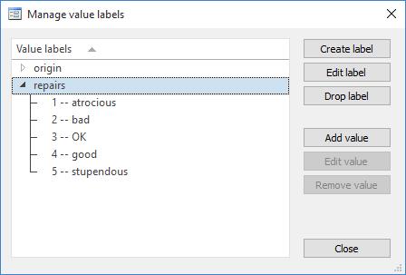[ GSW ] 6 Using the Data Editor 55 a. Click on the Create label button. You will see the Create label dialog. b. Type a name for the label, say, repairs, in the Label name box. c.