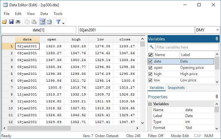 58 [ GSW ] 6 Using the Data Editor Dates and the Data Editor The Data Editor has two special tools for working with dates in Stata. To see these in action, we will need to open another dataset.