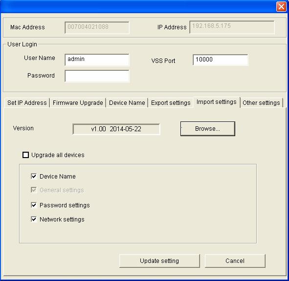 6 Remote Access to the GV-SNVR To restore the settings: 1. In Figure 6-5, click the Import Settings tab. This dialog box appears. Figure 6-6 2. Click the Browse button to locate the backup file (.