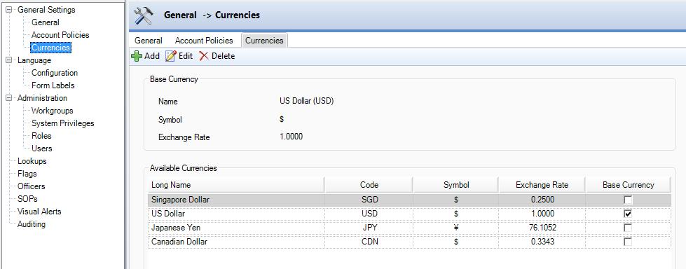 To change the default currency listed under Base Currency, select the currency you wish to set as the new default and click Edit. Check the Base Currency checkbox in the pop-up window.