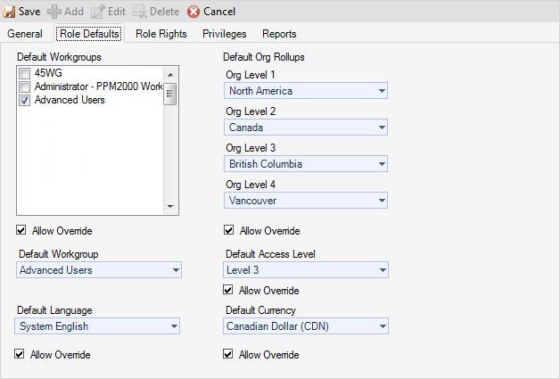 Roles Select General Role Rights 1. Select the Role Rights tab. The screen will contain a list of general rights with two columns of Enable and Allow Override checkboxes.