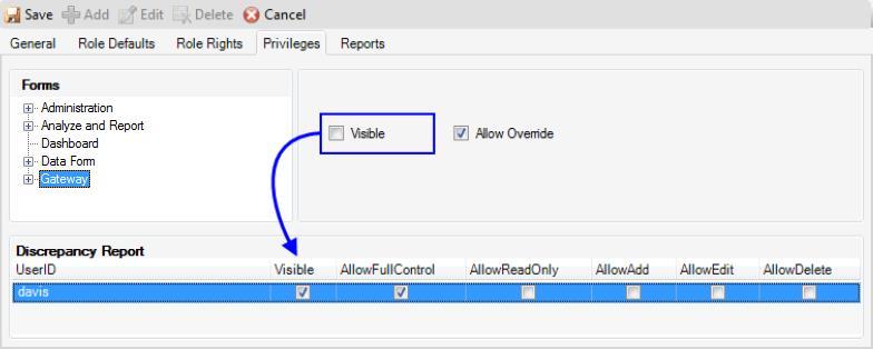 Roles Set Report Visibility for a Role 1. Open the Reports tab. 2. To allow a role s users to see reports listed under Report Title, check the Visible boxes beside the report names. 3.