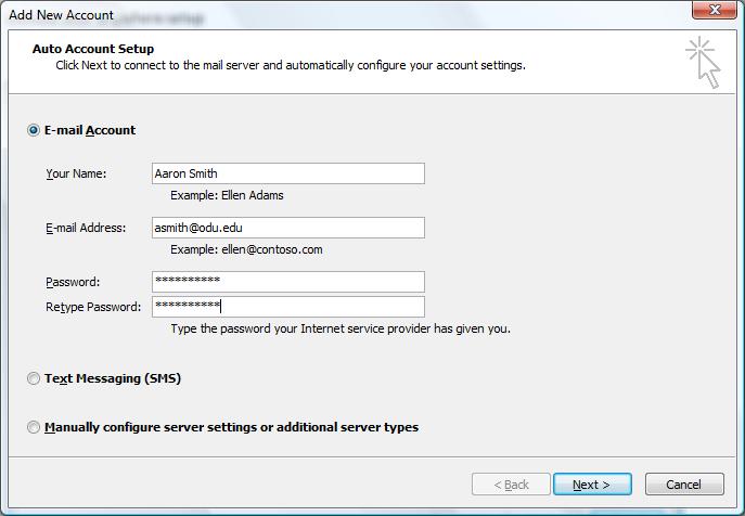 Outlook 2010 Anywhere Setup Scope: this document will describe how to setup Outlook 2010 from off campus using the Outlook Anywhere setup. 1) Start Outlook 2010 for the first time.