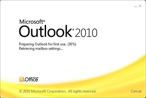 6) Outlook will take a very long time to load the first time. This is because it must download a copy of your mailbox to the local computer.