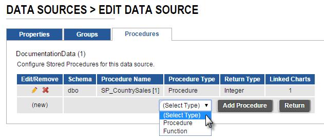 For such databases, there will be a dropdown on the stored procedures screen from which the appropriate procedure type must be selected before it can be configured.