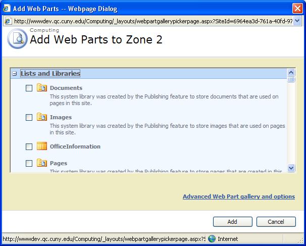 On lower right of this dialog box, click Advanced Web Part gallery and options 3. Add Web Parts menu will appear to the right of the page.