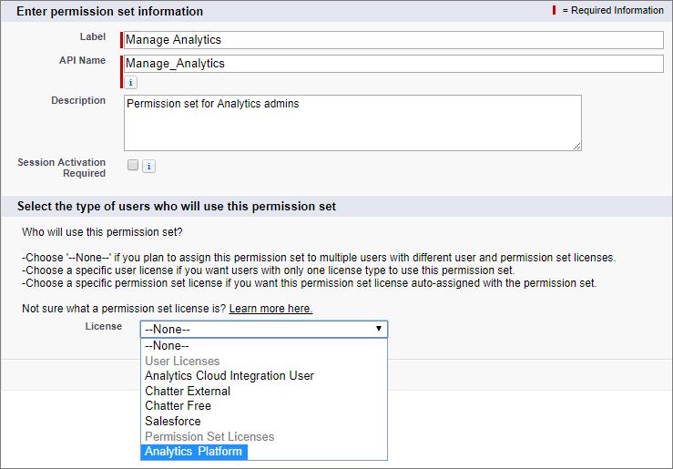 Assign Analytics Permission Sets to Users When you select a specific permission set license, any user assigned to the permission set is auto-assigned the permission set license.