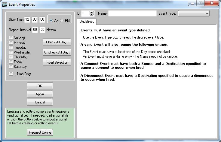 4.3.2 Save Events To File You may find it desirable to save a set of events you have created. Select File>Save... from the main menu. This opens a standard Windows file save dialog. 4.3.3 Create Events If you are starting from scratch to create events, select Events>New from the main menu.