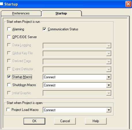 This open a new dialog with two tabs (Preferences and Startup). Select the Startup tab and then tick the Startup Macro checkbox to show we want to run the Connect macro we just created.