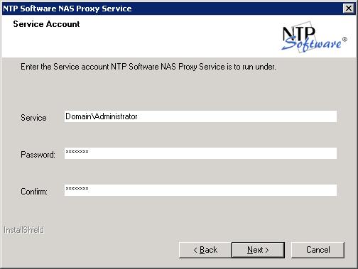 7. In the Service Account dialog box, specify the service name and password under which the NAS Proxy Service should run, and click